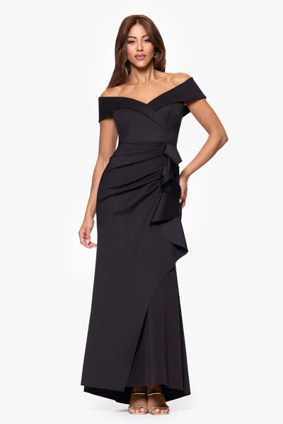 Xscape Evenings "patti" Long Off The Shoulder Scuba Crepe Dress In Black