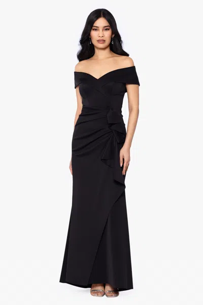 Xscape Evenings "patti" Long Off The Shoulder Scuba Crepe Dress In Black