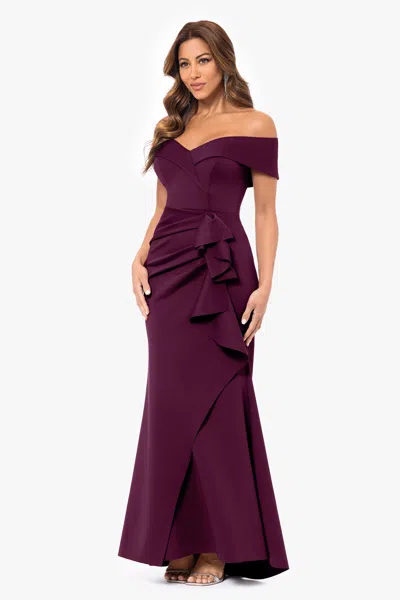 Xscape Evenings "patti" Long Off The Shoulder Scuba Crepe Dress In Purple