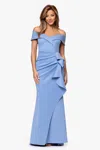Xscape Evenings Off The Shoulder Ruffle Scuba Crepe Gown In Gray