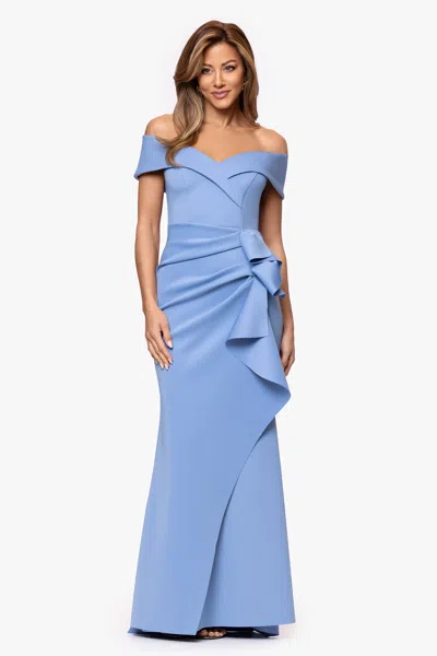 Xscape Evenings Off The Shoulder Ruffle Scuba Crepe Gown In Gray