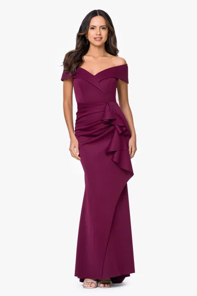 Xscape Evenings "patti" Long Off The Shoulder Techno Scuba Dress In Brown