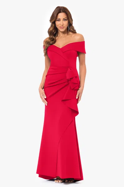 Xscape Evenings "patti" Long Off The Shoulder Techno Scuba Dress In Red