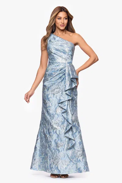 Xscape Evenings "paula" Jacquard One Shoulder Ruffle Floor Length Dress In Blue