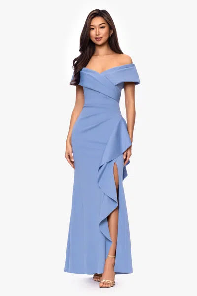 Xscape Evenings "pearl" Techno Scuba Off The Shoulder Ruffle Floor Length Dress In Blue
