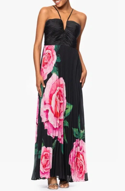 Xscape Evenings Pebble Pleated Gown In Black/pink