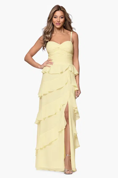 Xscape Evenings "penny" Chiffon Tiered Ruffle Floor Length Dress In Neutral