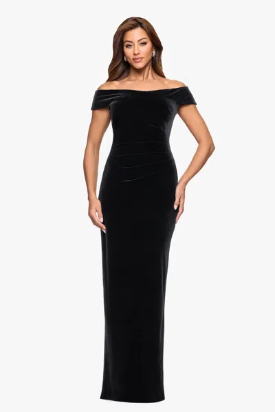 Xscape Evenings Petite "agatha" Velvet Off The Shoulder Rouched Waist Floor Length Dress In Black