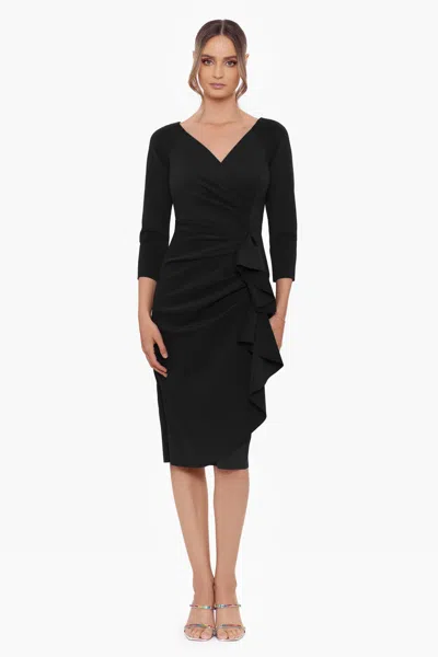 Xscape Evenings Petite "allie" Short Scuba Crepe Ruffle Long Sleeve In Black