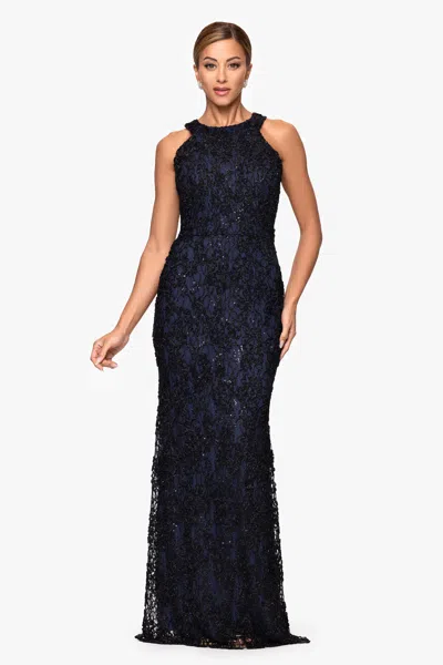 Xscape Evenings Petite "andrea" Halter Neck Soutache Lace Floor Length Dress In Black