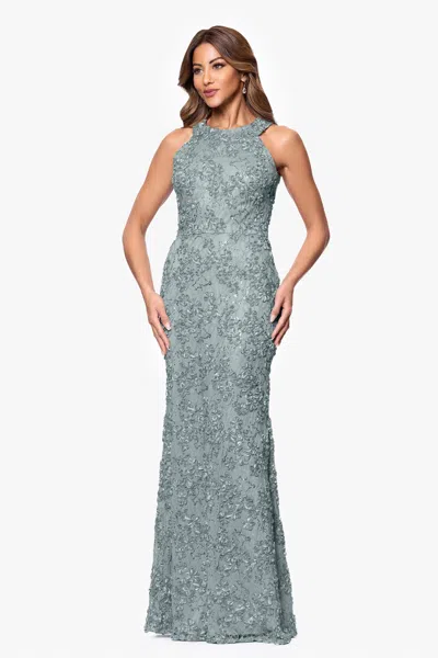 Xscape Evenings Petite "andrea" Halter Neck Soutache Lace Floor Length Dress In Blue