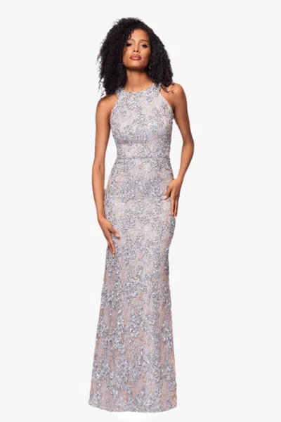 Xscape Evenings Petite "andrea" Halter Neck Soutache Lace Floor Length Dress In Multi