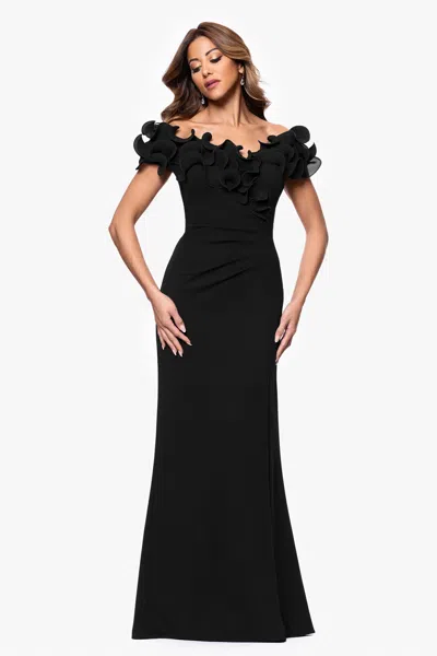 Xscape Evenings Petite "anya" Scuba Crepe Off The Shoulder Chiffon Ruffle Neckline Floor Length Dress In Black