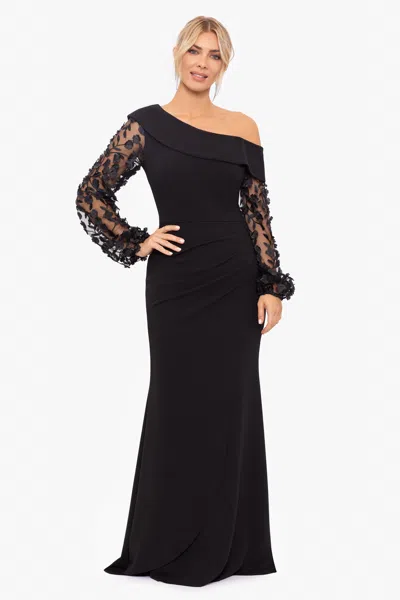 Xscape Evenings Petite "ariana" Off The Shoulder Long Sleeve Scuba Crepe Dress In Black