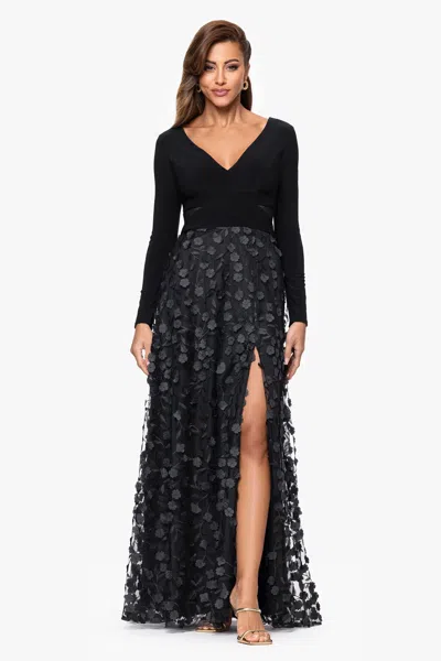 Xscape Evenings Petite "aurora" V - Neck Long Sleeve Raised Flower Slit Dress In Black