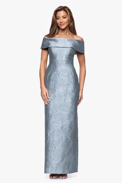 Xscape Evenings Petite "barbara" Jacquard Off The Shoulder Floor Length Dress In Gray