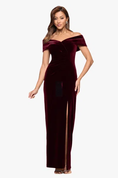 Xscape Evenings Petite "charmaine" Long Off The Shoulder Velvet Gown In Burgundy