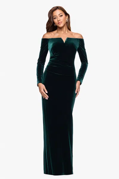 Xscape Evenings Petite "christy" Long Off The Shoulder Velvet Dress In Green