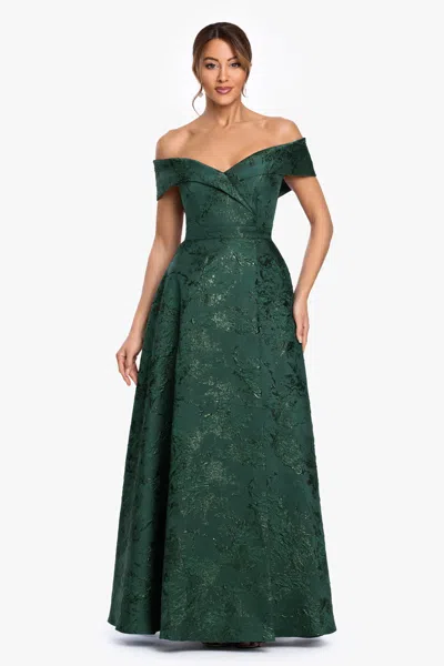 Xscape Evenings Petite "daphne" Brocade Off Shoulder Dress In Green