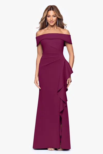Xscape Evenings Petite "dolly" Techno Scuba Off The Shoulder Ruffle Dress In Purple