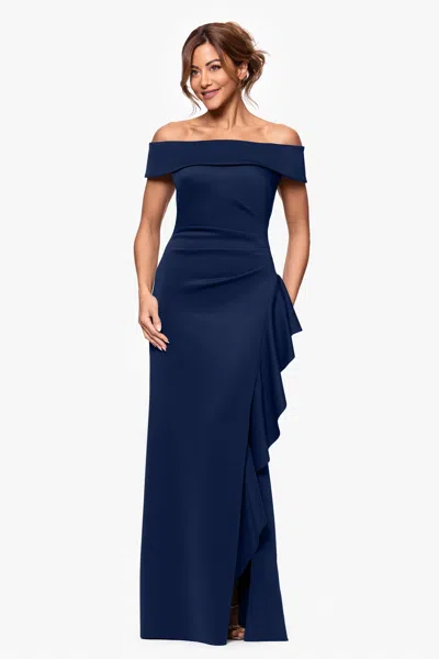 Xscape Evenings Petite "dolly" Techno Scuba Off The Shoulder Ruffle Floor Length Dress In Blue
