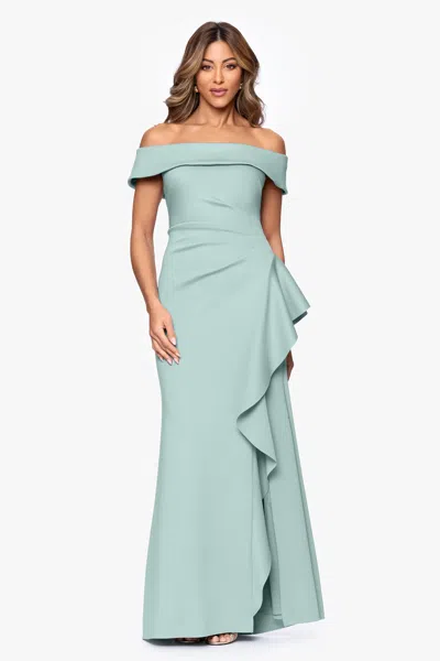 Xscape Evenings Petite "dolly" Techno Scuba Off The Shoulder Ruffle Floor Length Dress In Green