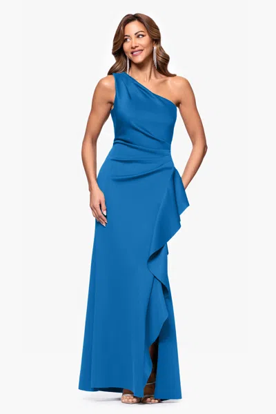 Xscape Evenings Petite "flo" Long Techno Scuba One Shoulder Ruffle Dress In Black