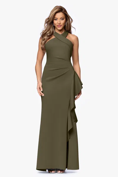 Xscape Evenings Petite "gigi" Techno Scuba Cross Neck Dress In Olive