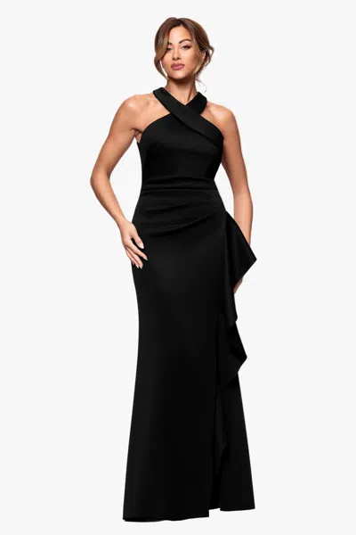 Xscape Evenings Petite "gigi" Techno Scuba Cross Neck Ruffle Floor Length Dress In Black