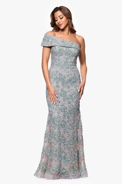 Xscape Evenings Petite "ginny" Soutache Lace Off The Shoulder Floor Length Dress In Green