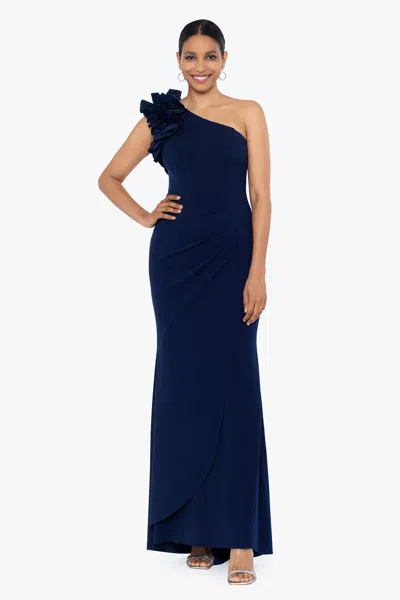 Xscape Evenings Petite "ivy" One Shoulder Ruffle Scuba Crepe Dress In Blue
