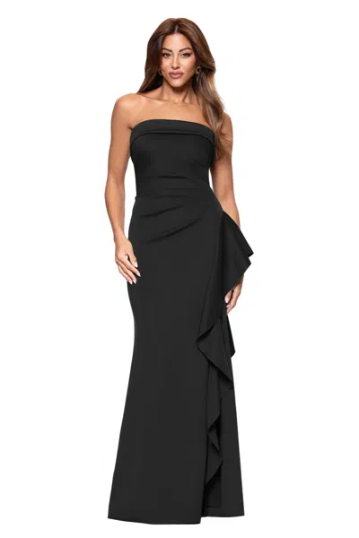 Xscape Evenings Petite "jacqueline" Techno Scuba Strapless Ruffle Floor Length Dress In Black