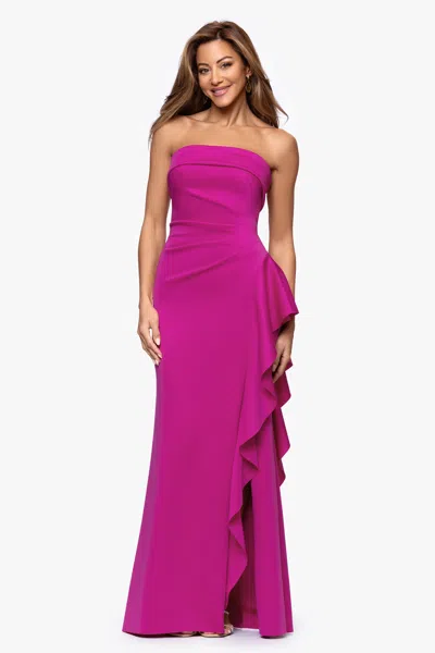 Xscape Evenings Petite "jacqueline" Techno Scuba Strapless Ruffle Floor Length Dress In Pink