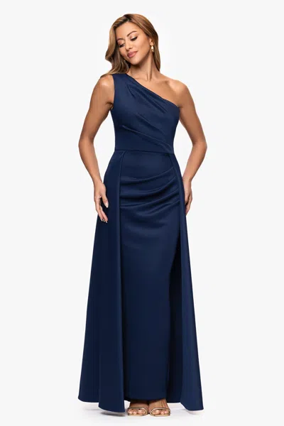 Xscape Evenings Petite "jalen" Techno Scuba One Shoulder Back Drape Floor Length Dress In Blue