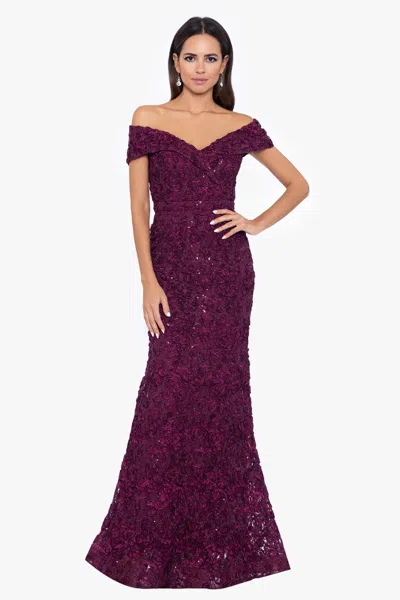 Xscape Evenings Petite "jill" Off The Shoulder Long Lace Dress In Burgundy