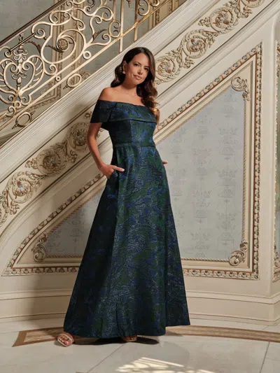 Xscape Evenings Petite "june" Jacquard Off The Shoulder Floor Length Dress In Gray