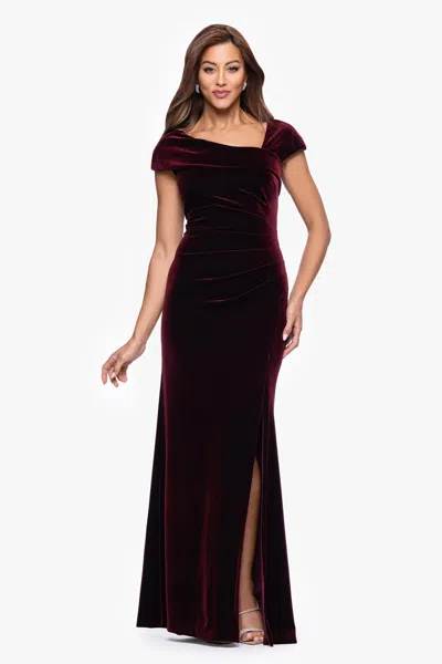 Xscape Evenings Petite "katrina" Velvet Asymmetrical Neckline Cap Sleeve Floor Length Dress In Burgundy