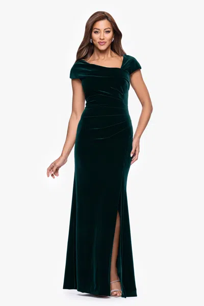 Xscape Evenings Petite "katrina" Velvet Asymmetrical Neckline Cap Sleeve Floor Length Dress In Green