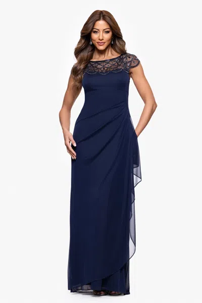 Xscape Evenings Petite "khloe" Sheer Matter Jersey Embellished Ruffle Dress In Blue