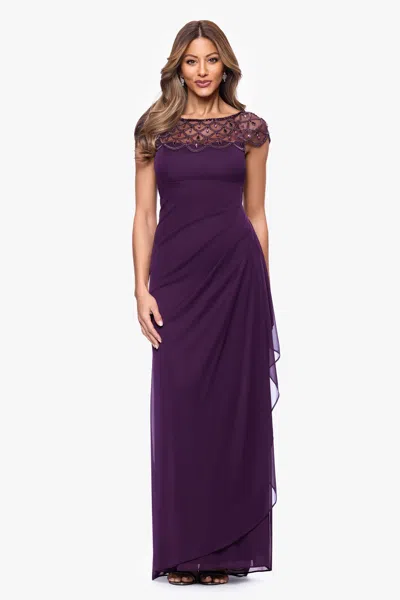 Xscape Evenings Petite "khloe" Sheer Matter Jersey Embellished Ruffle Dress In Multi