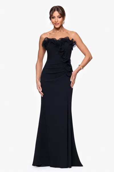 Xscape Evenings Petite "kimberly" Scuba Crepe Chiffon Ruffle Strapless Floor Length Dress In Black