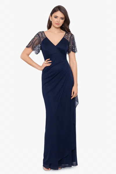 Xscape Evenings Petite "lana" Long V-neck Beaded Flutter Sleeve Dress In Blue
