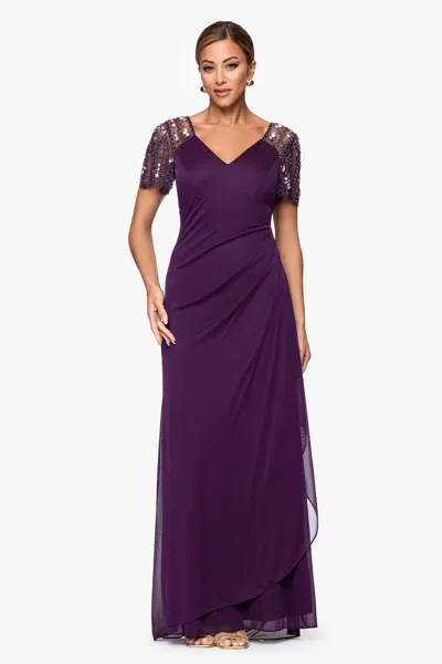 Xscape Evenings Petite "lana" Long V-neck Beaded Flutter Sleeve Dress In Purple