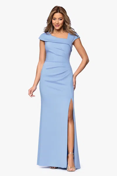Xscape Evenings Petite "lenore " Long Asymmetrical Neckline Scuba Dress In Blue