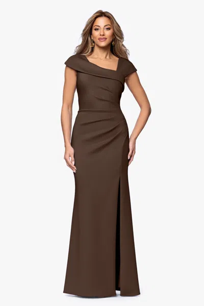 Xscape Evenings Petite "lenore " Long Asymmetrical Neckline Techno Scuba Dress In Brown