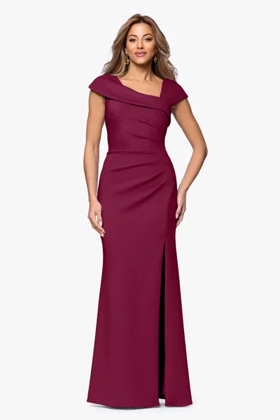Xscape Evenings Petite "lenore " Long Asymmetrical Neckline Techno Scuba Dress In Red