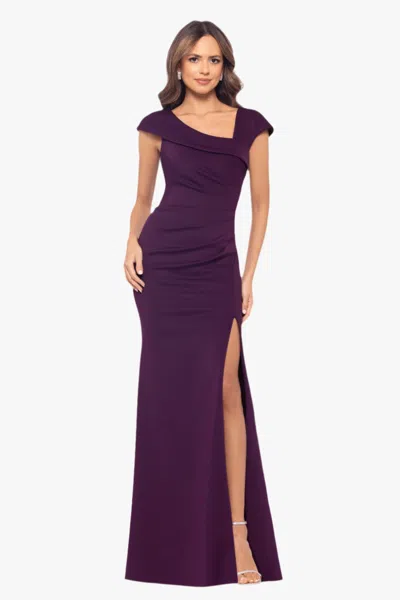 Xscape Evenings Petite "lenore " Long Asymmetrical Neckline Techno Scuba Dress In Purple