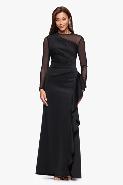 Xscape Evenings Petite "lyra" Techno Scuba Mesh Long Sleeve Floor Length Dress In Black