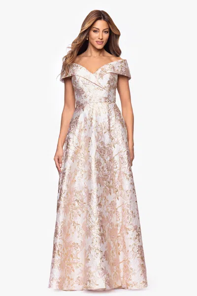 Xscape Evenings Petite "melissa" Brocade Off The Should V-neck Ballgown In Metallic