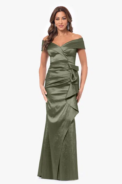 Xscape Evenings Petite "olivia" Taffeta Off The Shoulder Sweetheart Neckline Floor Length Dress In Green